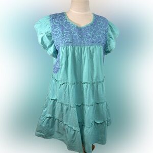 J.Marie Camryn Embroidered Aqua Blue Embroidered Tiered Mini Dress